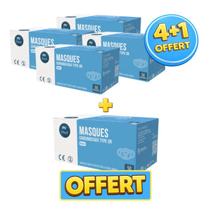 Pack 4+1 boîtes de 50 masques chirurgicaux bleu - 3 plis de type IIR - Norme EN14683 - Certification CE - My Médical My Medical 